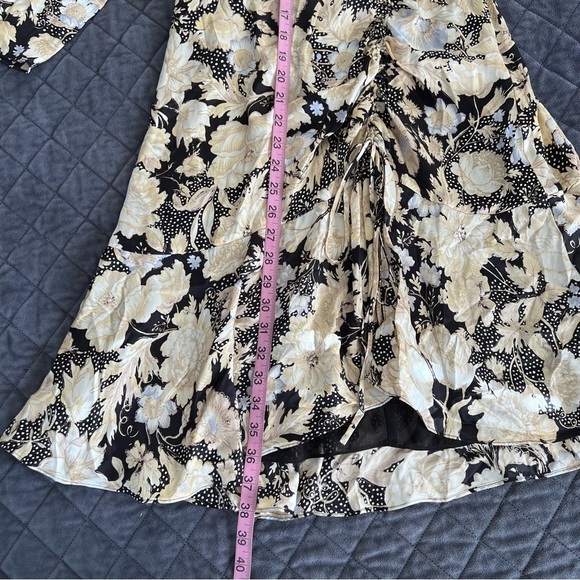 Rebecca Taylor Dress Women Size 10 Silk Gold Leaf Scrunched Tie Mini Ruched T - Picture 8 of 11